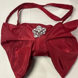 Elegant Red Satin Clutch with Crystal Brooch